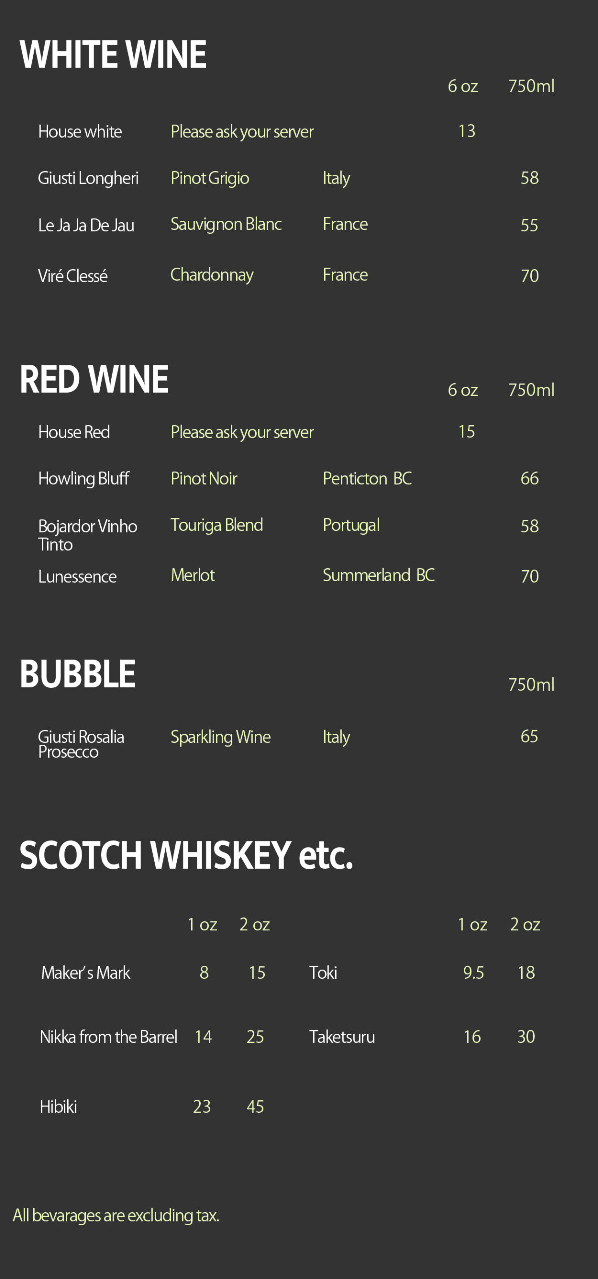 Drink menu